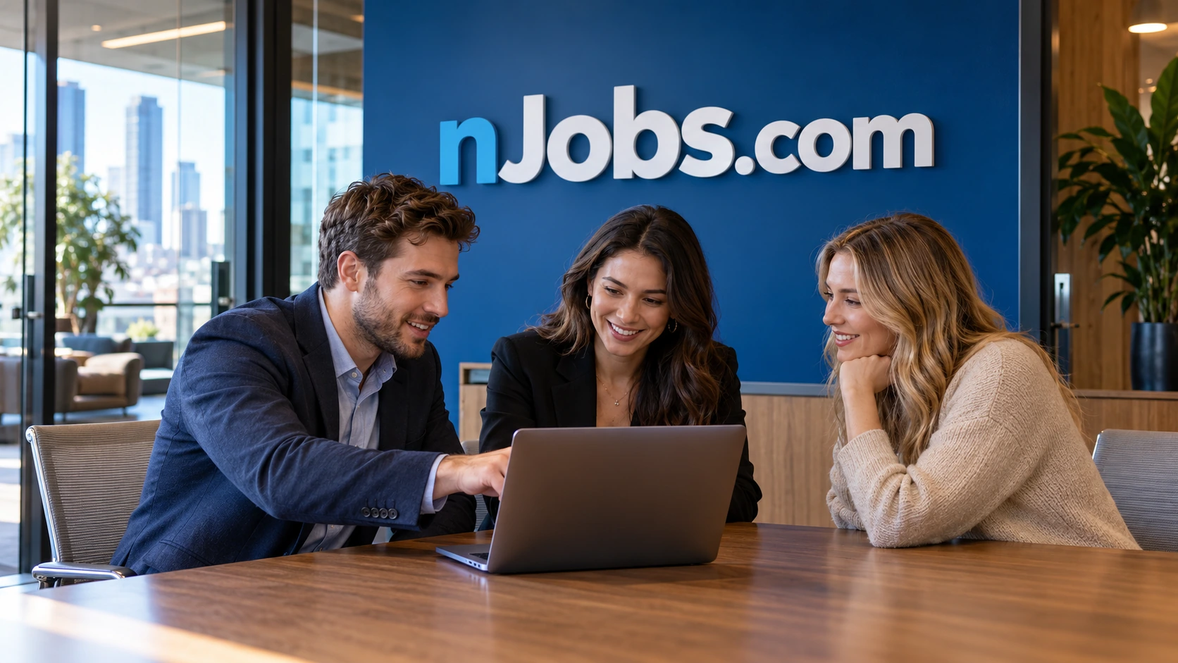 Recruiting team discussing a hiring product in a glass-walled workspace